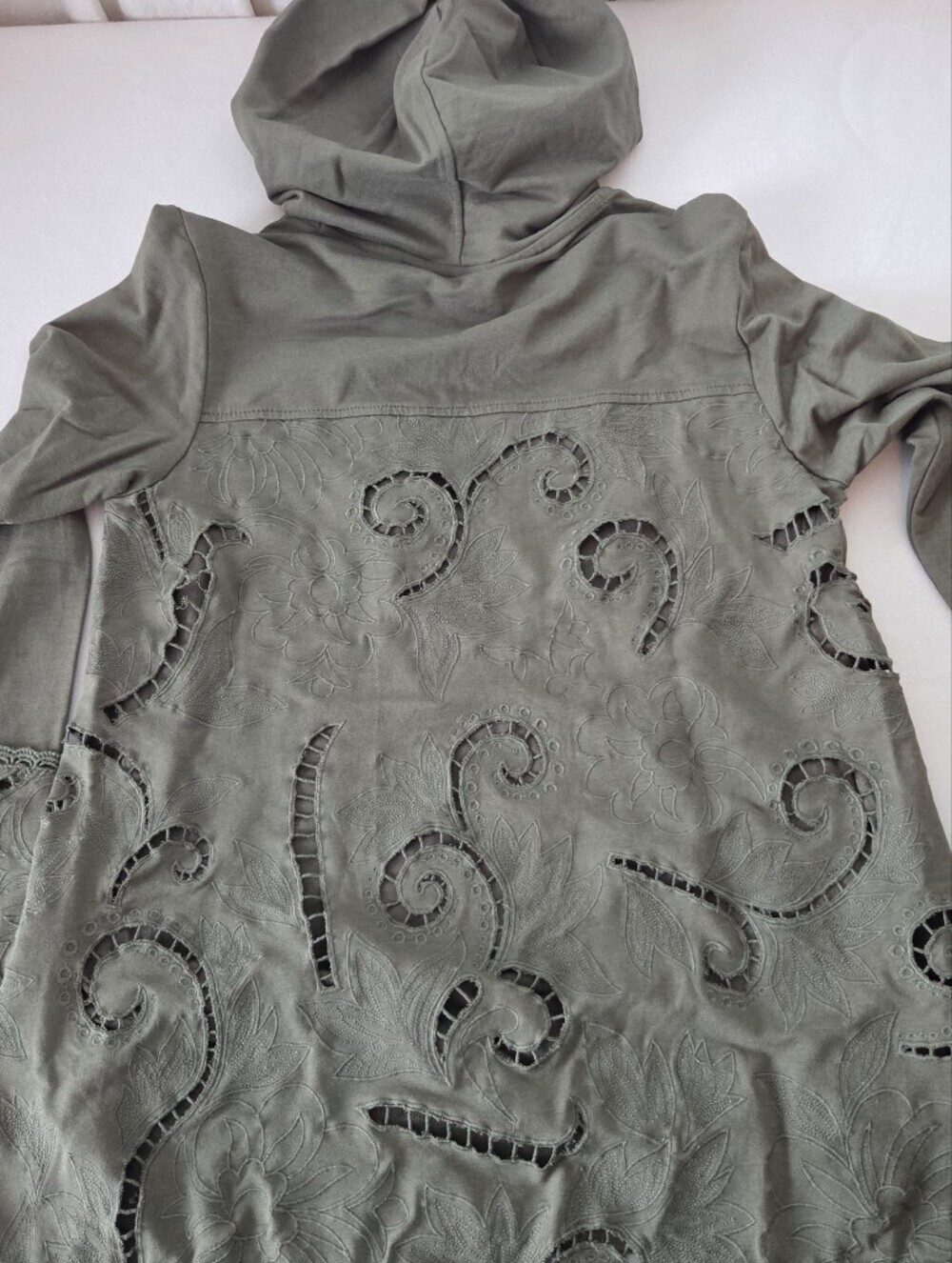 Soft Surroundings Olive Green Hooded Pullover with Cutwork Embroidery XS